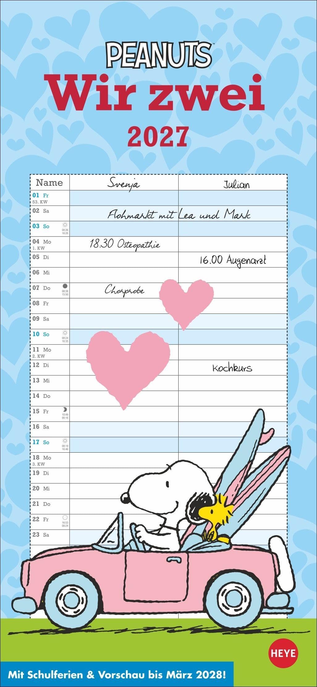 voir fiche du album Peanuts Planer Wir zwei 2027: Wandplaner mit 2 Spalten. Kultiger Wandkalender 2027 zum Eintragen. Praktischer Paarkalender mit den bekannten Snoopy-Comics. 16 x 34,7 cm.