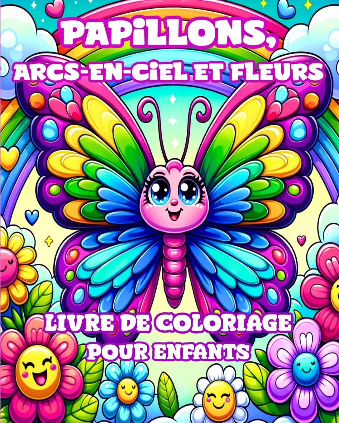 jaquette album Livre de coloriage Papillons, Arcs-en-ciel et Fleurs pour Enfants: Des dessins simples et mignons pour les filles de 4 à 8 ans.