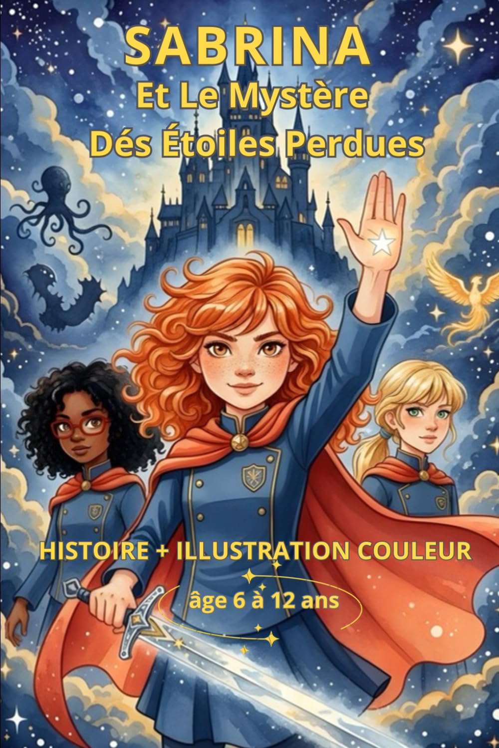 jaquette album Sabrina et le Mystère des Étoiles Perdues: Un roman fantastique pour enfants de 6 à 12 ans : Une aventure magique mêlant amitié et courage avec illustrations couleur et espaces de dessin créatifs.