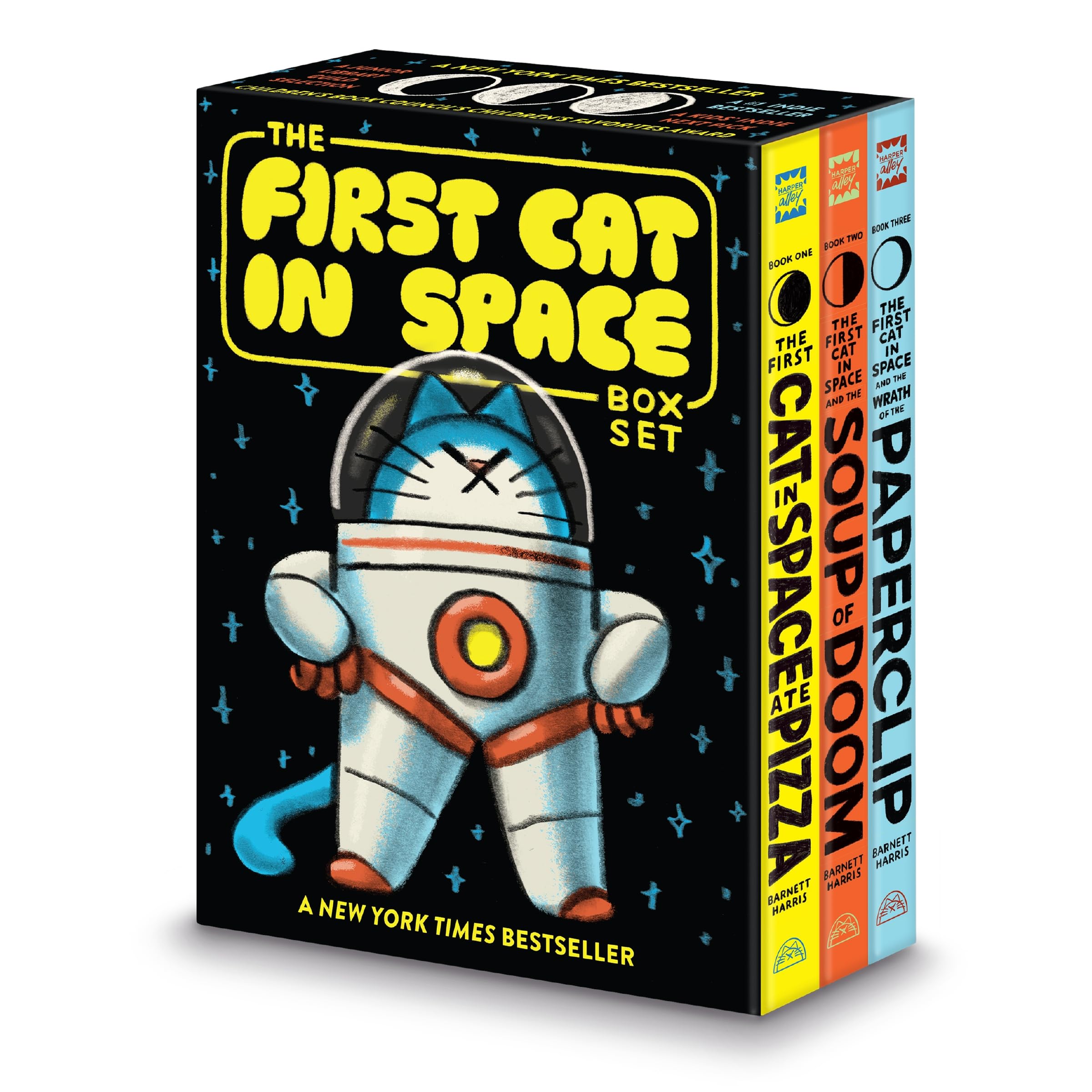 jaquette album The First Cat in Space 3-Book Box Set: A Graphic Novel Collection: The First Cat in Space Ate Pizza, The First Cat in Space and the Soup of Doom, The First Cat in Space and the Wrath of the Paperclip