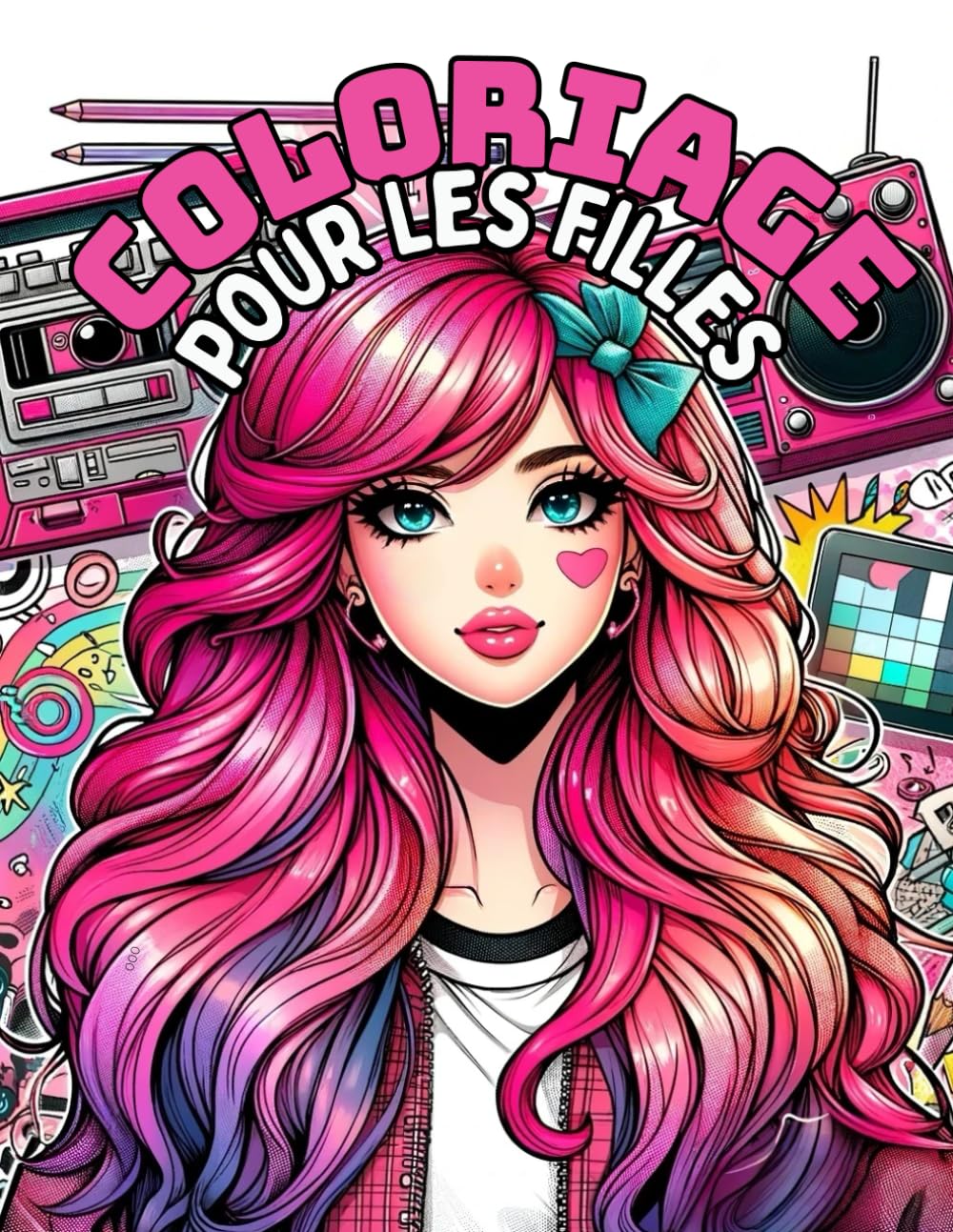 jaquette livre Livre de coloriage pour filles à partir de 12 ans: Cahier d'activités avec 50 dessins (portraits, motifs, animaux, manga, chevaux) | Pour les filles et les adolescentes