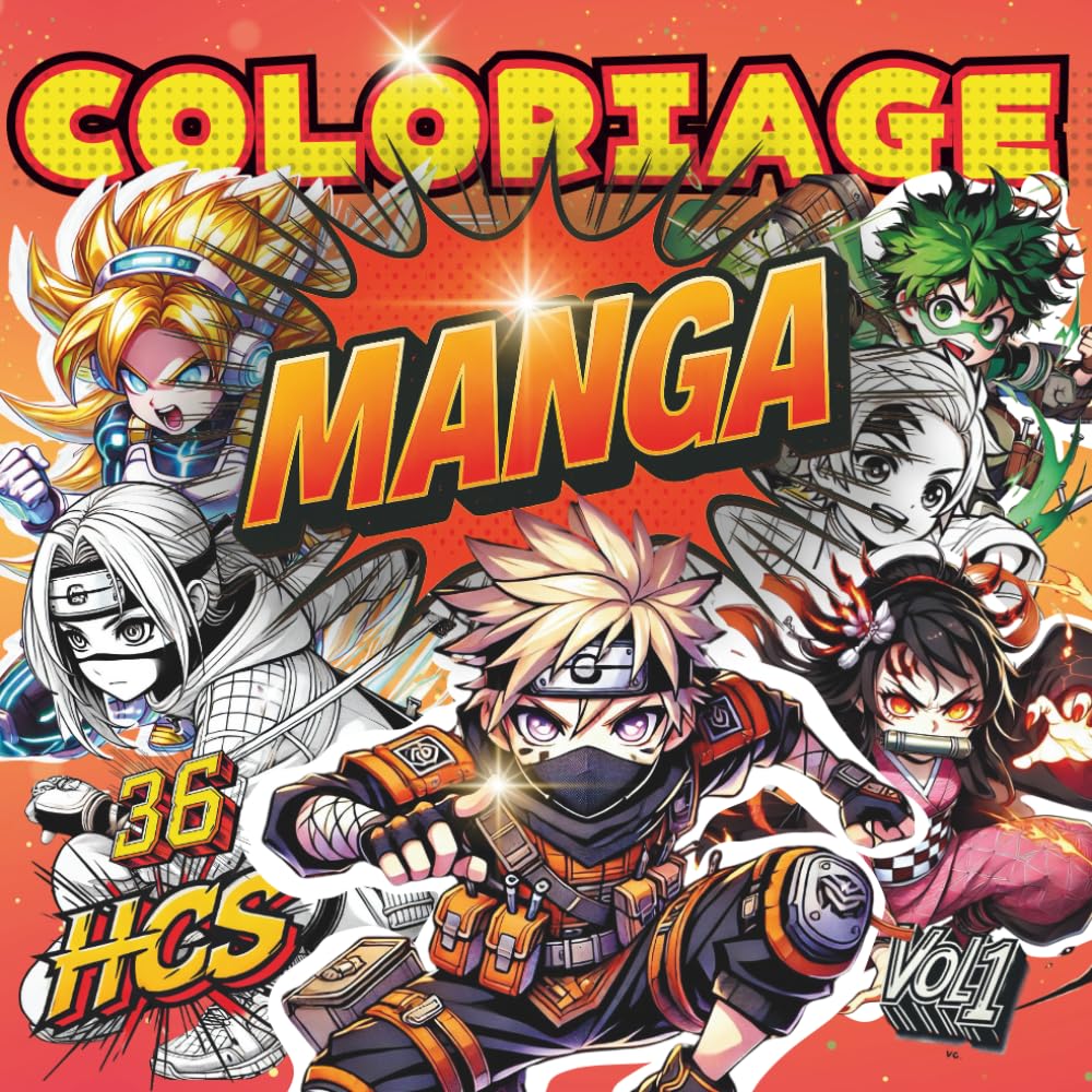 jaquette album Coloriage HCS: 36 Dessins MANGA Originaux de Style H.C.S. (Héros Chibi Shonen) - Inspirés d'Anime de Culture Japonaise Aesthetic - Pour Ados et Adultes