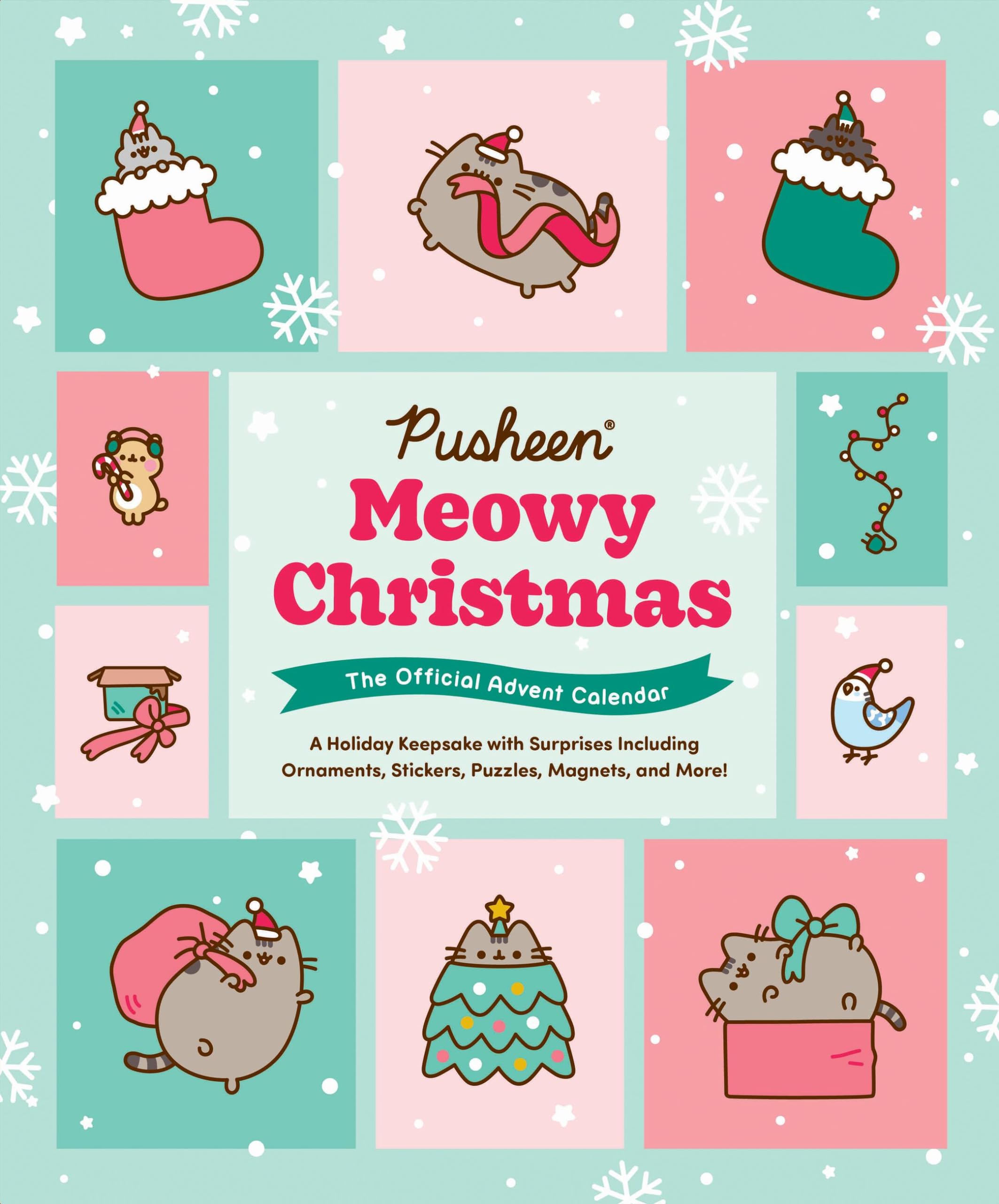 jaquette livre Pusheen Meowy Christmas: The Official Advent Calendar: A Holiday Keepsake with Surprises Including Ornaments, Stickers, Puzzles, Magnets, and More!