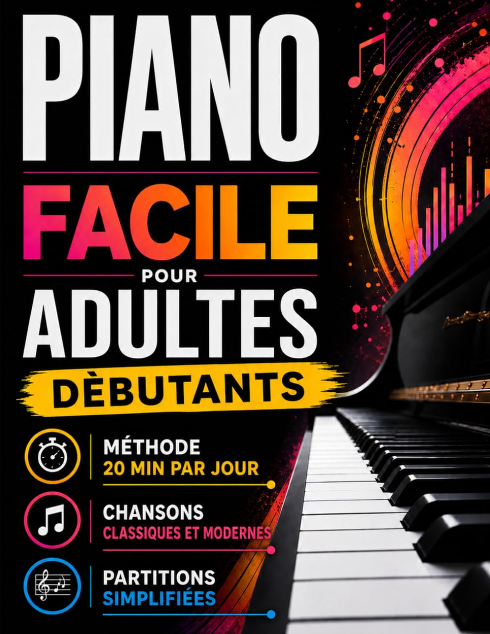 jaquette livre Le piano facile pour adultes débutants: la méthode « 20 min par jour » pour jouer à deux mains | Jouez de véritables morceaux classiques et modernes dès la première semaine