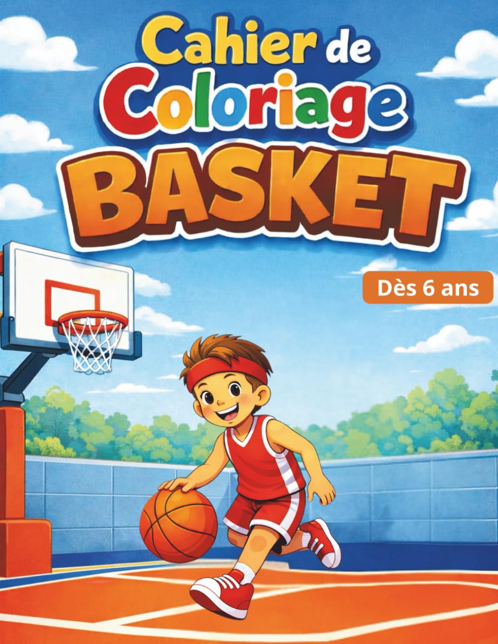 jaquette album Cahier de coloriage basket dès 6 ans: 40 Illustrations Faciles à Colorier : Enfants qui Jouent au Basketball. Activité Calme et Amusante pour Garçons ... ou fan de basket pour un anniversaire ou Noël