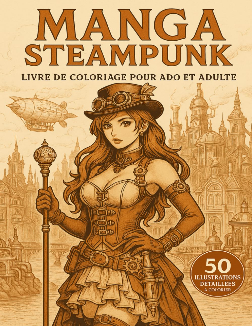 jaquette album Manga Steampunk livre de coloriage pour ados et adultes: 50 illustrations originales et détaillées de personnages, créatures et machines rétro-futuristes – pour ados et adultes