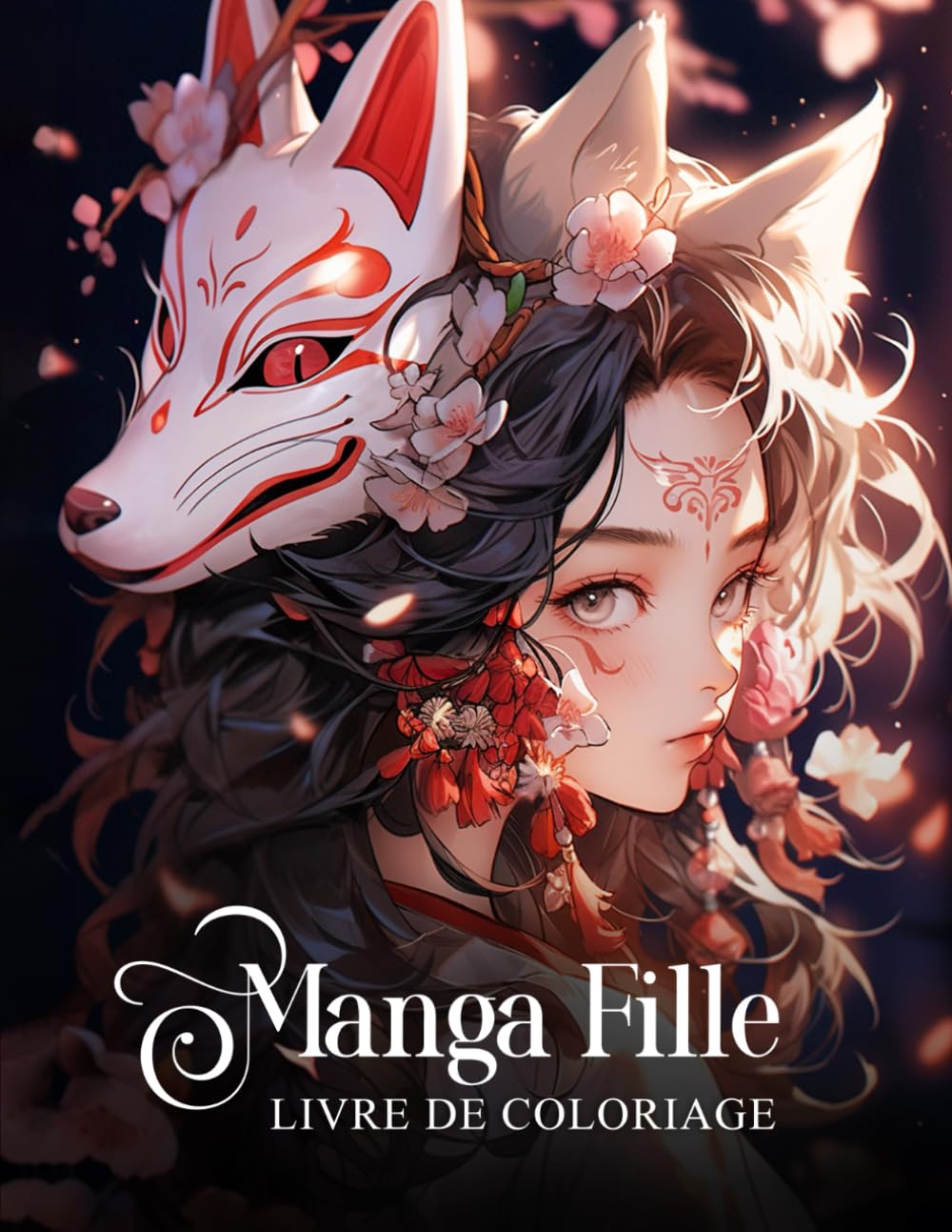 jaquette livre Manga Fille – Livre de coloriage: 50 portraits de filles entourées de fleurs, dans un style manga, également adapté aux adultes
