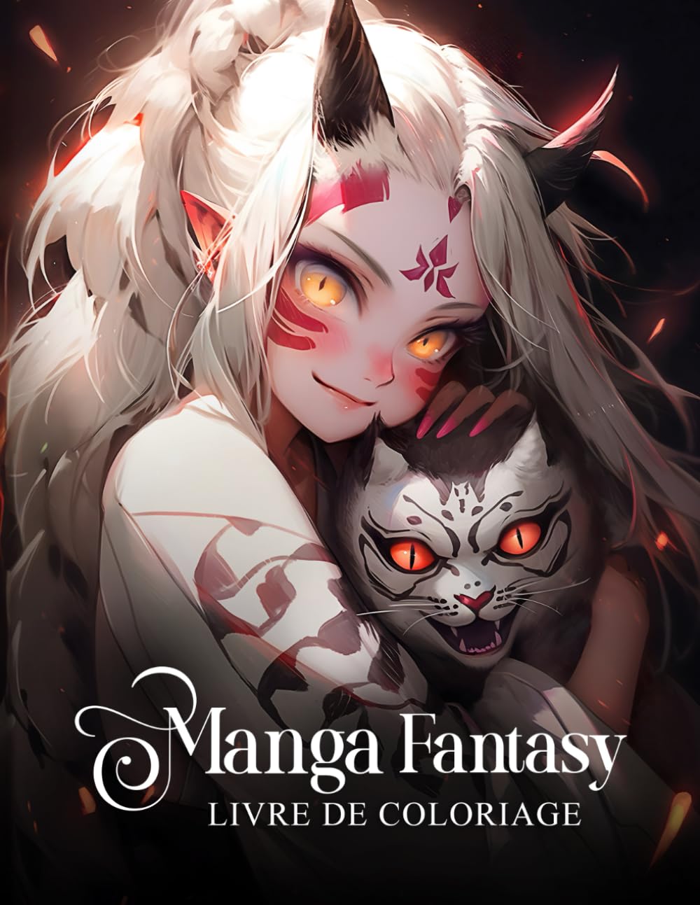 jaquette livre Manga Fantasy – Livre de coloriages pour adolescents et adultes: 50 créatures différentes - loups, démons, anges, samouraïs ...