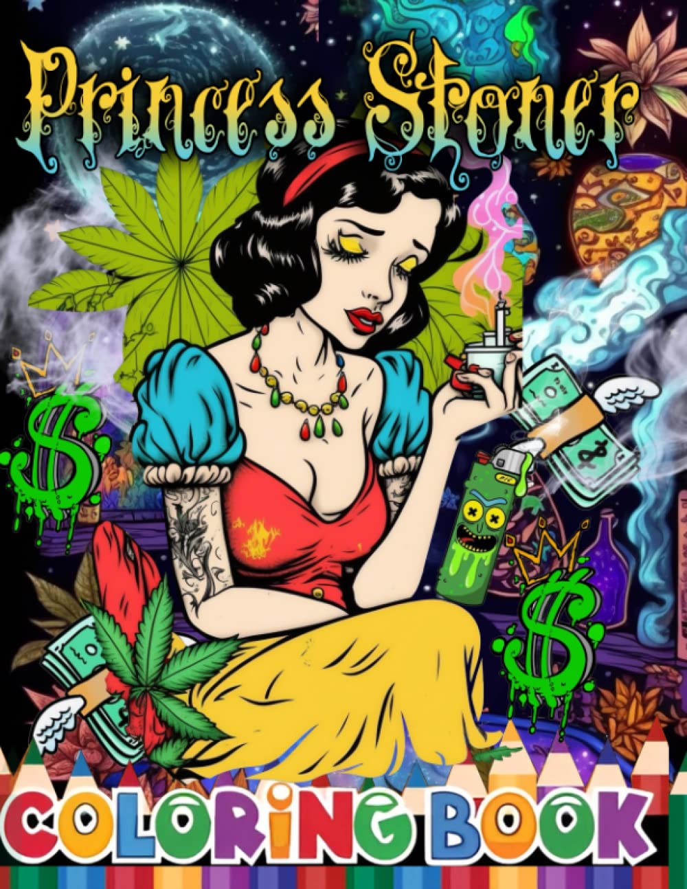 jaquette album Princess Stoner Coloring Book: +40 lovely stress relief unique princess design & Stoner weed illusion princess, cannabis coloring book for adults