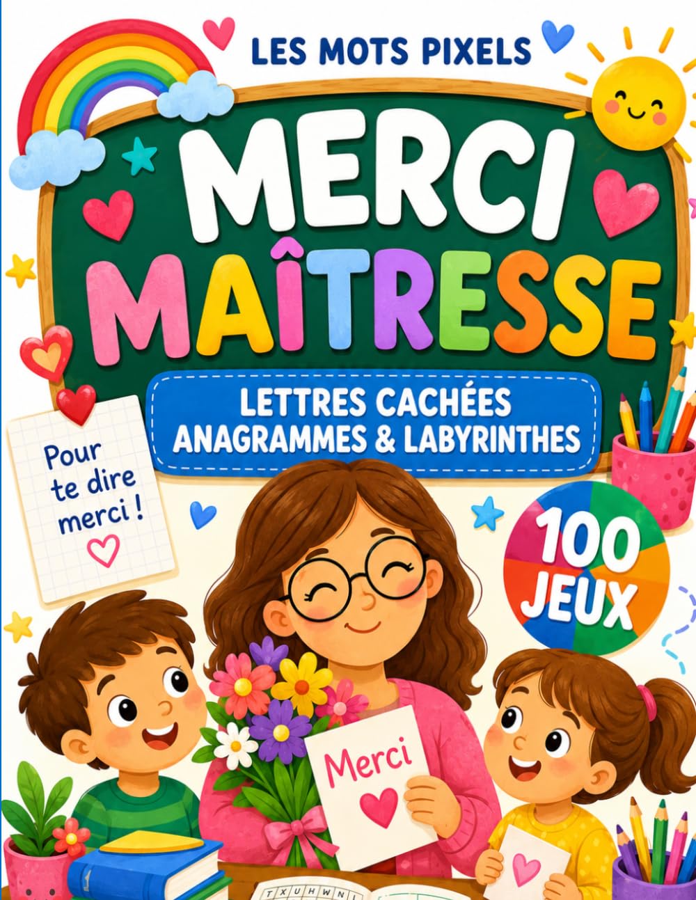 jaquette album LES MOTS PIXELS - Merci Maîtresse: Le jeu de lettres cadeau pour célébrer une année inoubliable
